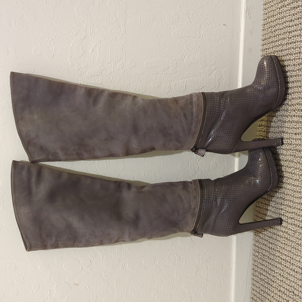 Sergio Rossi Grey Suede and Reptile Skin Knee High Boots - Size. 37.5